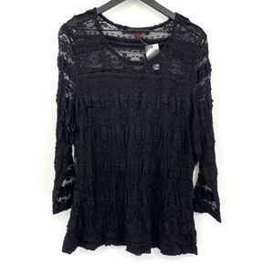 Pleats Collection Black Lace Ruched‎ Long Sleeve Romantic Top XL Whimsigoth Boho